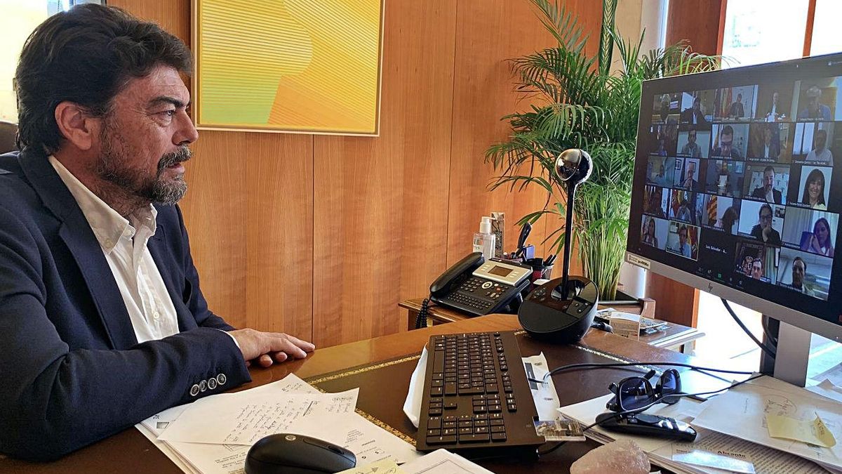 The mayor of Alicante, Luis Barcala, during a telematic meeting with Barceló in September. The mayor of Alicante, Luis Barcala, during a telematic meeting with Barceló in September.