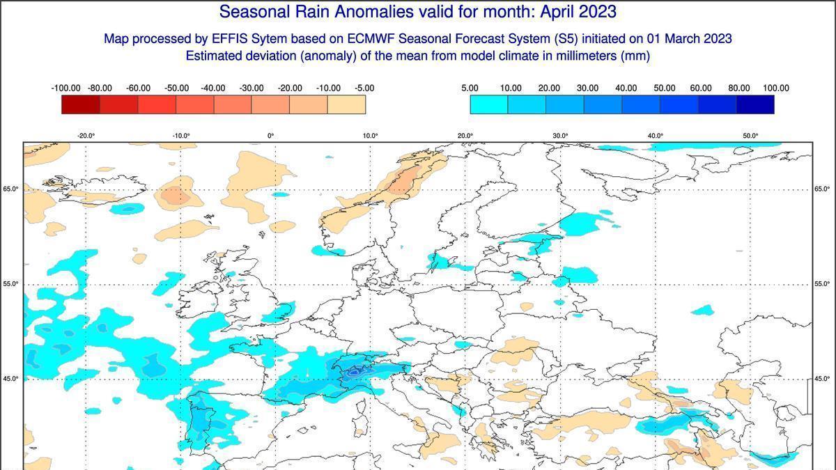Mapa de anomalías de lluvia para el mes de abril