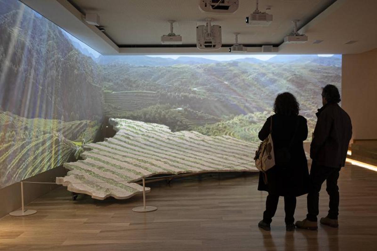 Un gran mapa de Catalunya con un audiovisual de las denominaciones de origen vitivinícolas.