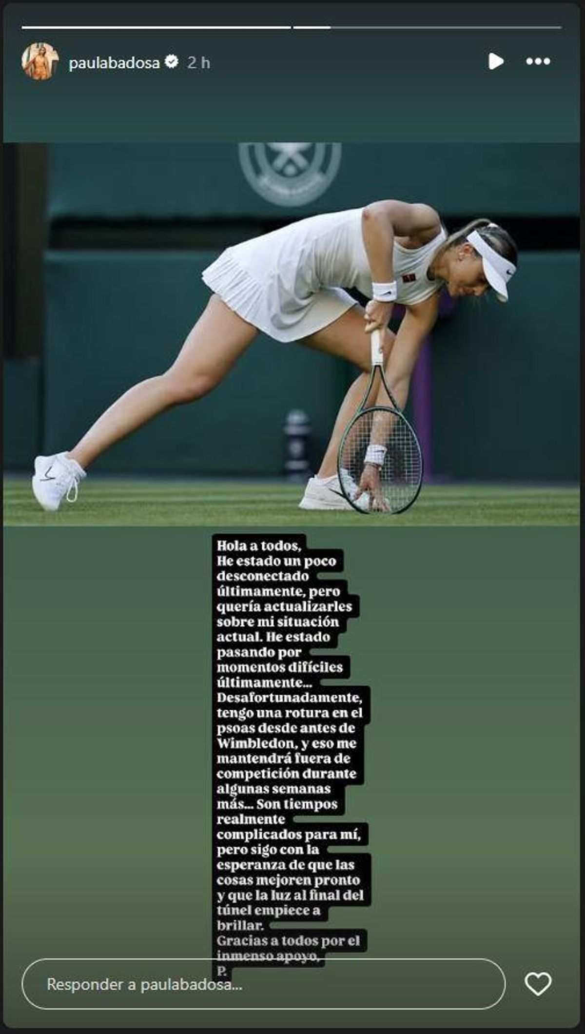 El missatge de Badosa al seu compte d'Instagram.