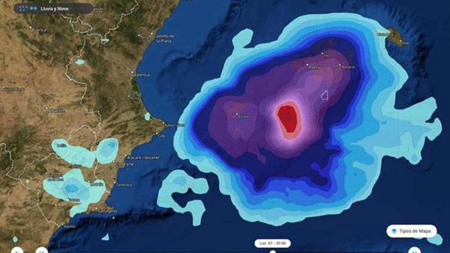 Imagen sobre cómo se formará la DANA frente a la provincia de Alicante, en las islas Baleares