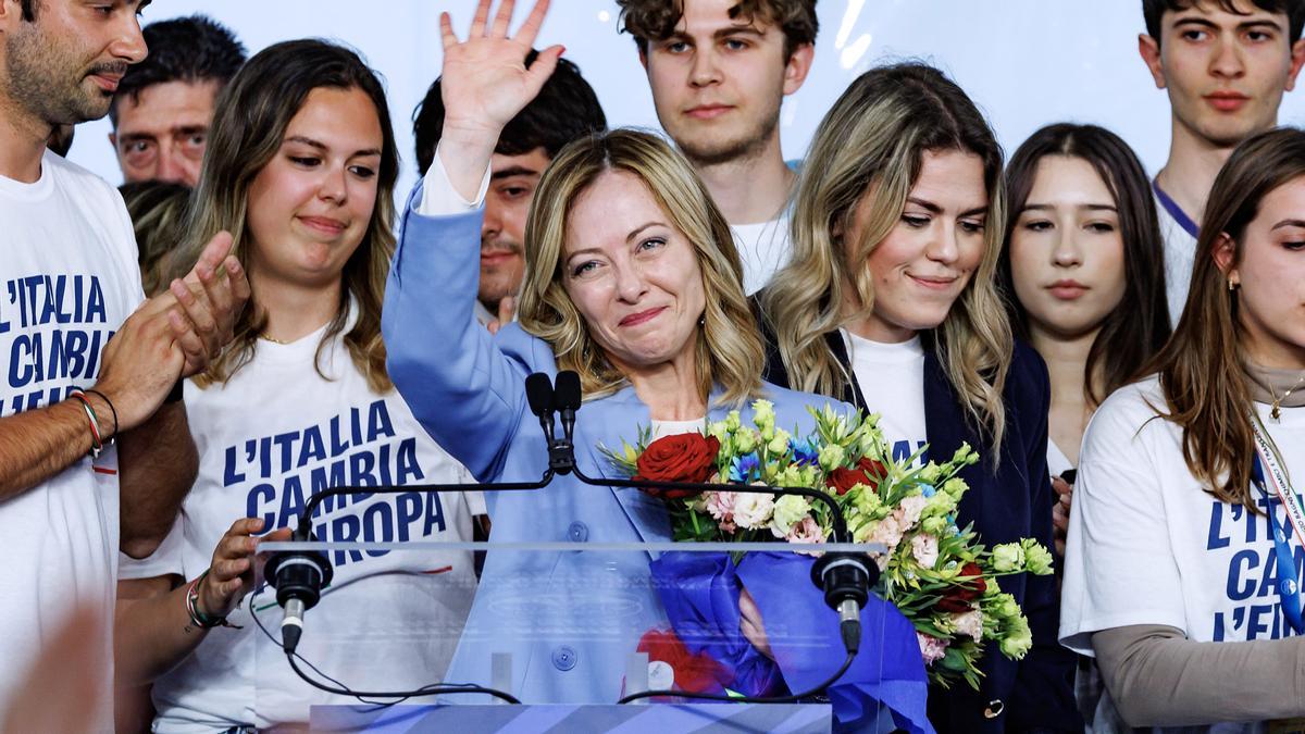 La primera ministra de Italia, Giorgia Meloni, en la conferencia de este domingo de Hermanos de Italia.