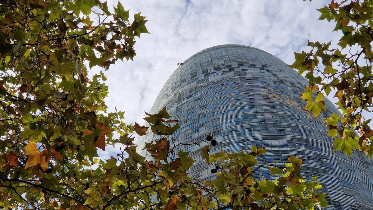 Dos hombres escalan la Torre Glòries de Barcelona, este sábado 1 de octubre de 2022.