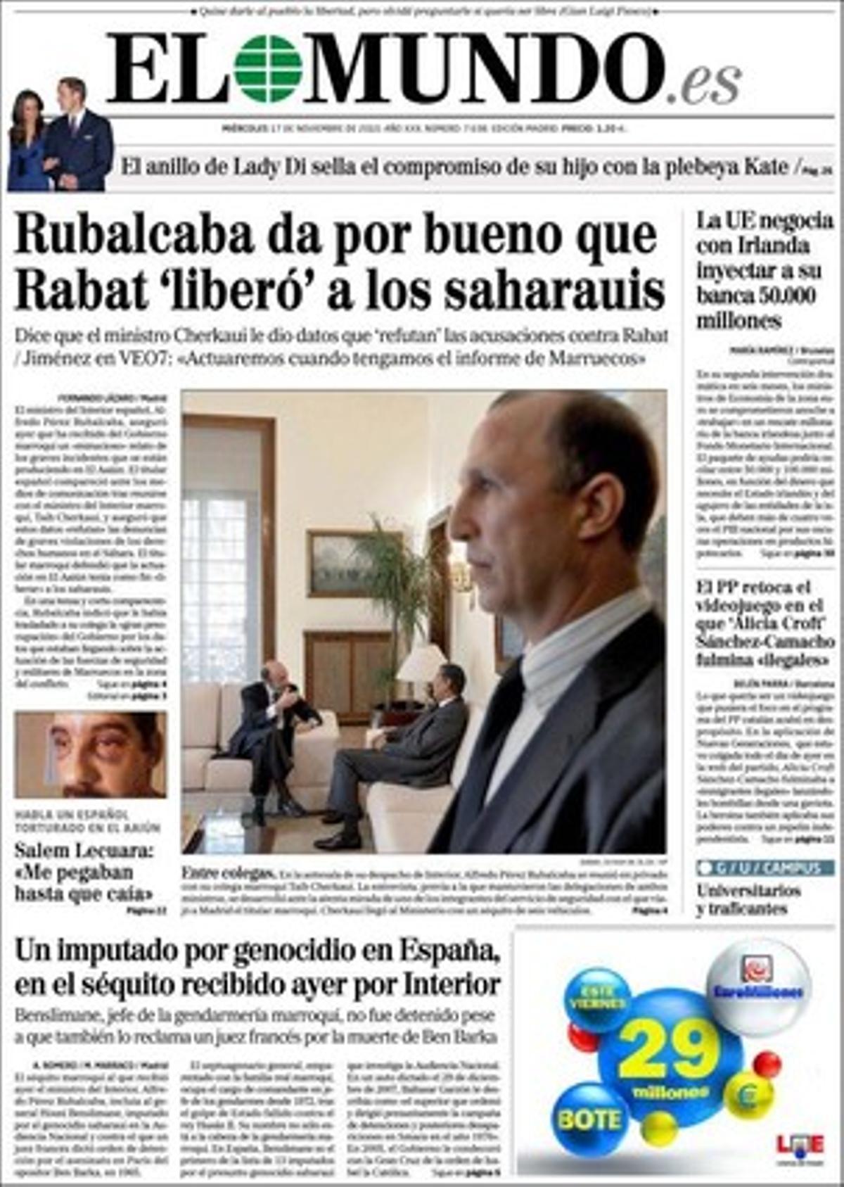 A dins, ’El Mundo’ també explica que un oficial salvadorenc desvela qui va donar l’ordre d’eliminar el pare Ignacio Ellacuría fa 21 anys; que el jutge rebutja la querella contra Jesús Eguiguren per les seves declaracions sobre els seus contactes amb Josu Ternera; que Manuel Chaves improvisa un pla perquè els funcionaris cobrin per objectius, i que el PP veta al Congrés el rescat de les autopistes.