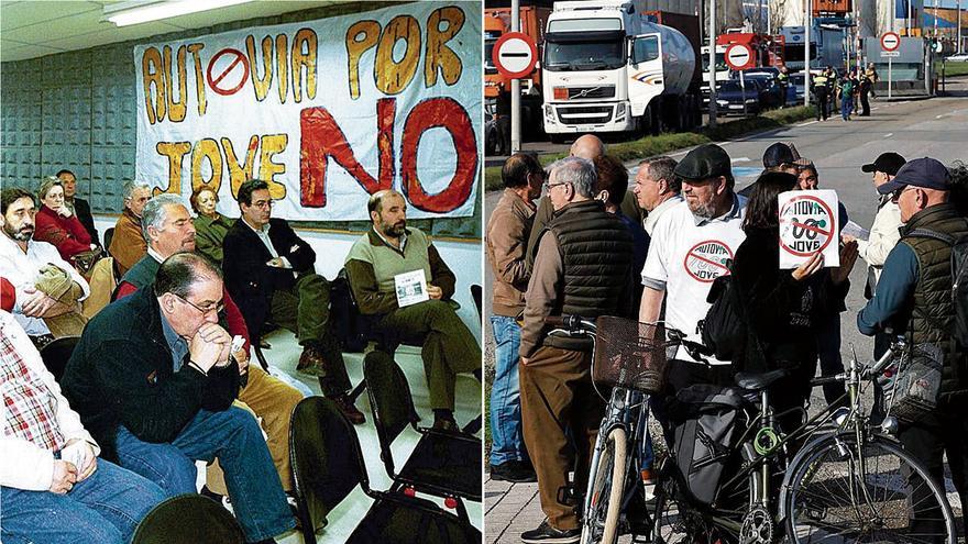 A la izquierda, asamblea del Colectivo en Defensa del Valle de Jove por el rechazo a la autovía en 1995. A la derecha, movilización a la entrada de El Musel contra la eliminación del túnel del vial de Jove.