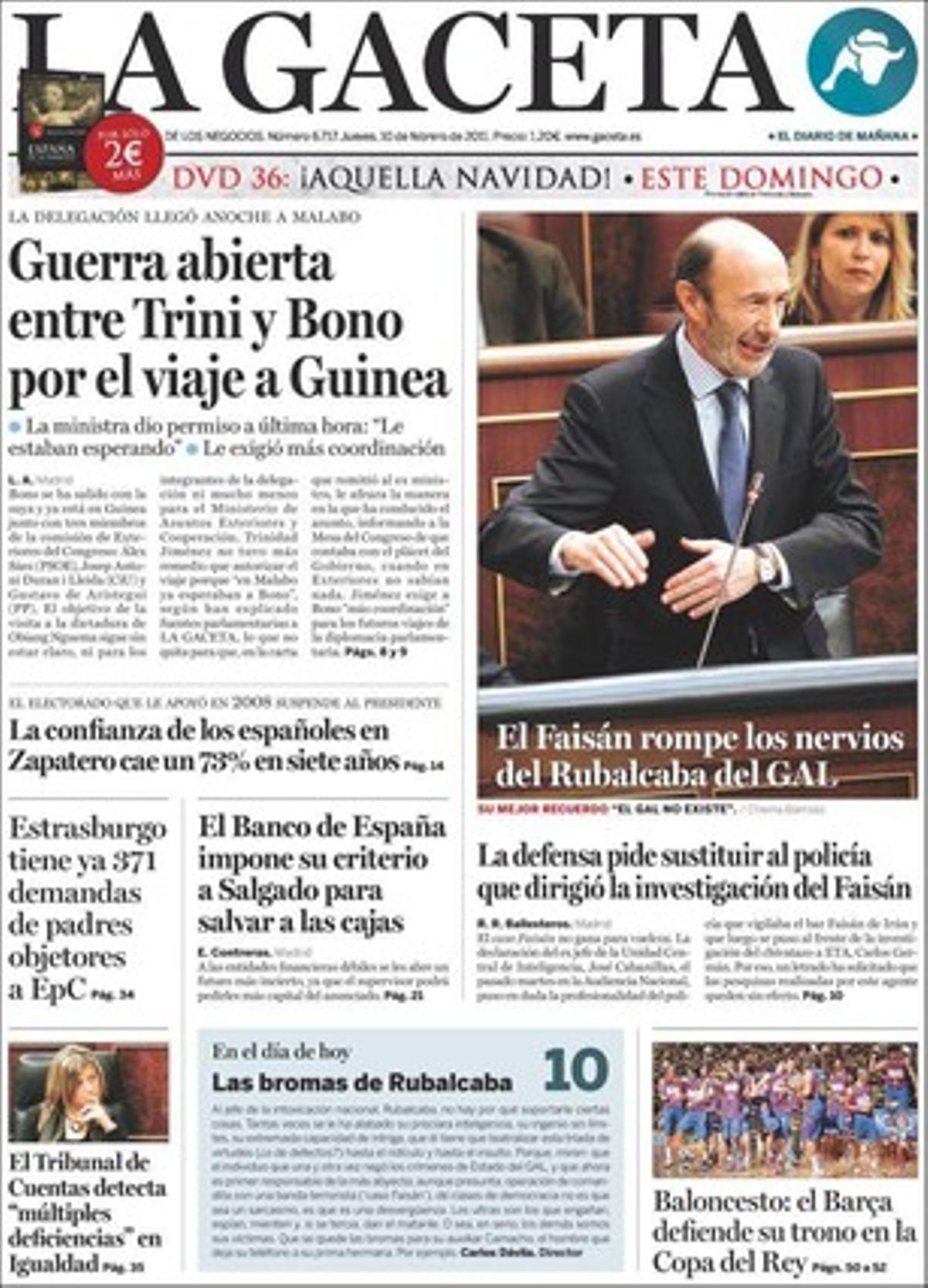 A dins ’La Gaceta’ destaca a més que ETA prepara agrupacions d’electors per si els tribunals il·legalitzen Sortu, i que el sindicat de funcionaris ultra Mans Netes es presentarà com a acusació en el sumari dels GAL que intenta reobrir l’expolicia José Amedo.