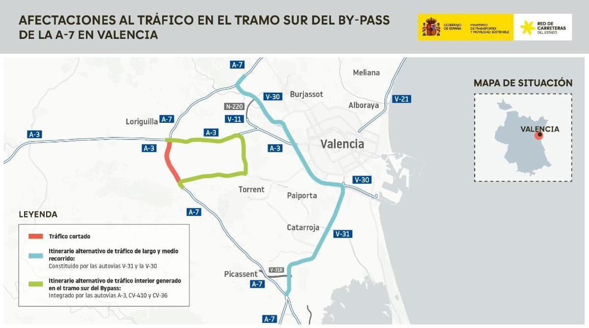 Mapa de afectaciones al tráfico en el tramo sur del bypass de la A-7 en Valencia.
