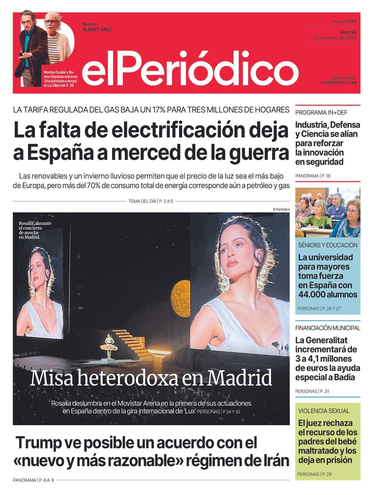 La portada de EL PERIÓDICO del 31 de marzo de 2026