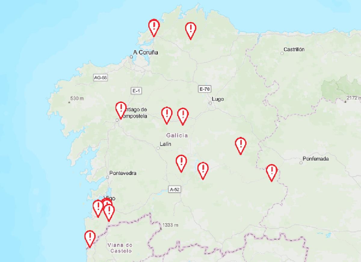 Mapa de incidencias de Naturgy en Galicia.