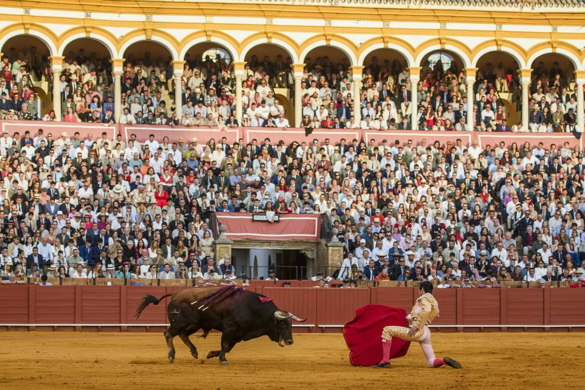 SEVILLA, 24/04/2026. - El diestro Pablo Aguado con su segundo toro en el decimocuarto festejo de abono de la Feria de Abril de Sevilla, este viernes en la Real Maestranza. EFE/ Raúl Caro.