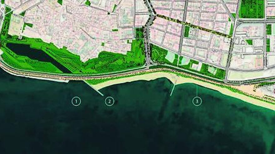 Geplante Veränderungen an der Meerespromenade von Palma: Der See im Parc de la Mar soll zum Meer geöffnet (1 und 2), der Stadtstrand (3) verlängert werden.