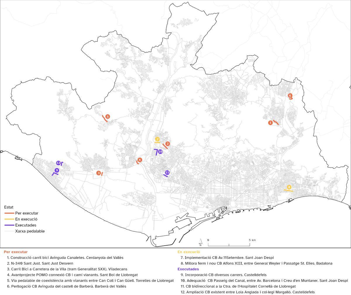 Mapa de nuevos carriles bici en ejecución en los diez municipios del Área Metropolitana de Barcelona.