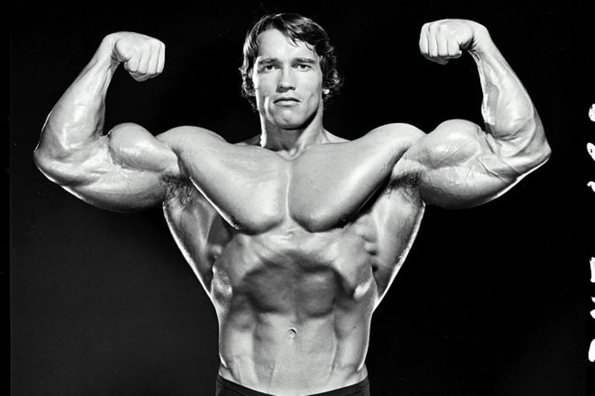 Arnold Schwarzenegger en su juventud y plenitud física.