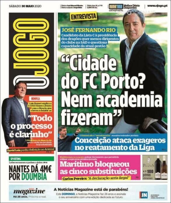 Portada O JOGO sábado 30 mayo 2020