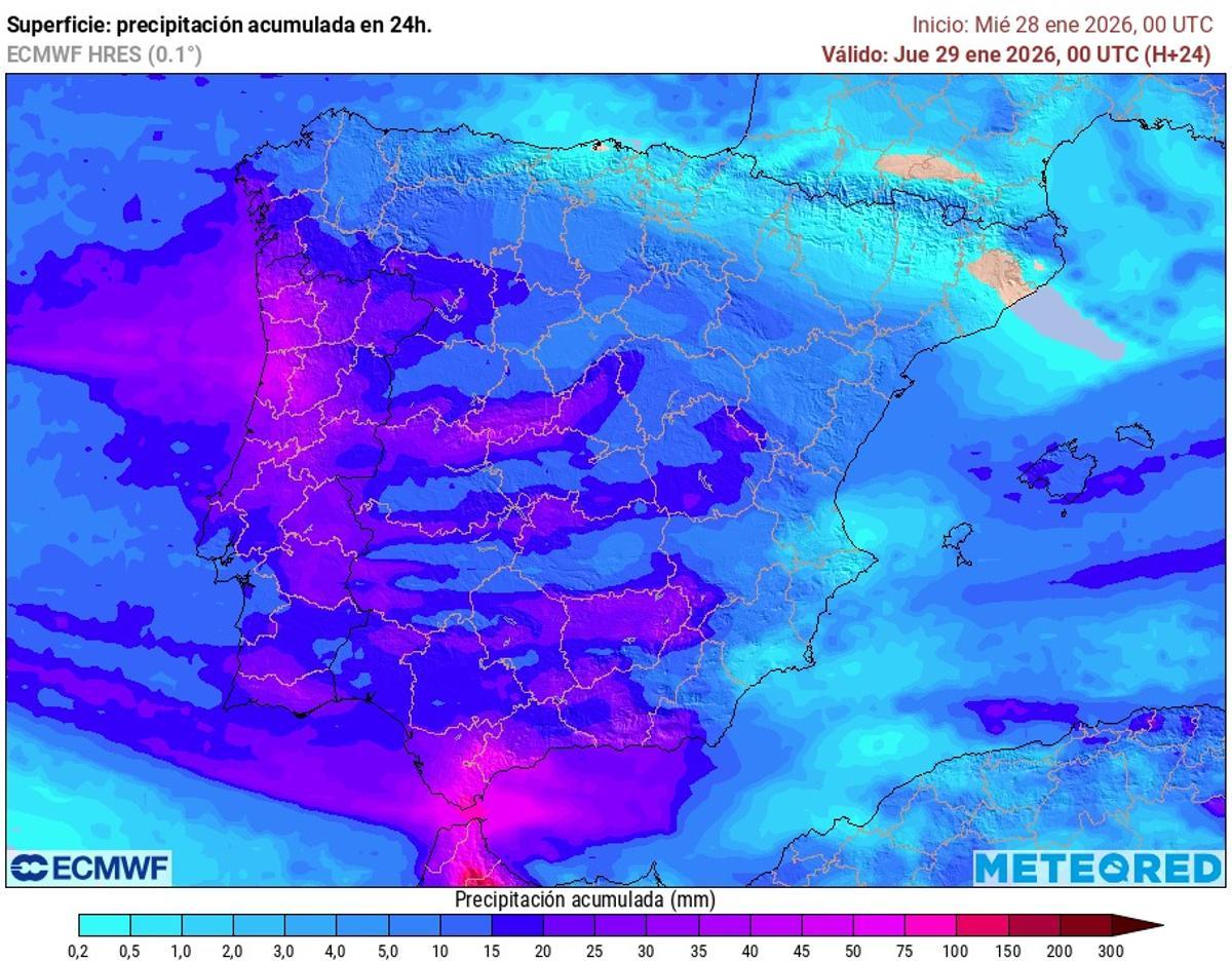 Precipitaciones acumuladas hasta la medianoche del jueves 29 de enero
