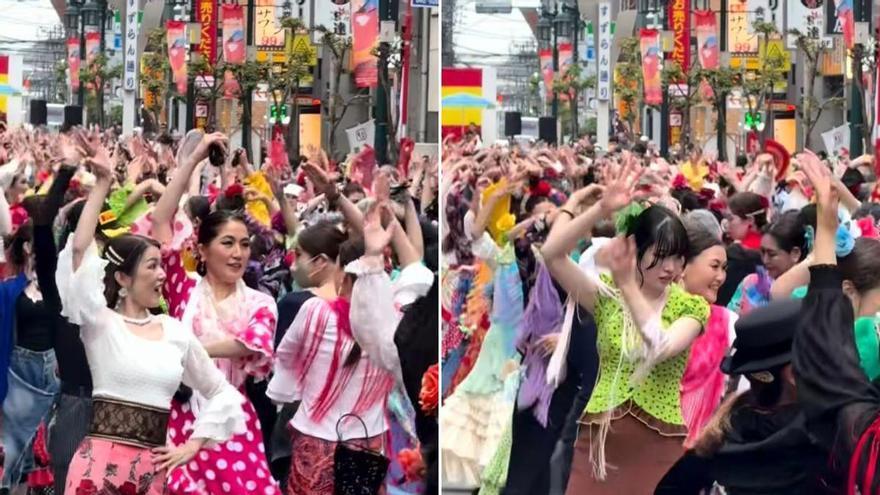 La insólita escena vivida en las calles de Japón con 500 personas bailando sevillanas vestidas de flamenca: "Realmente asombroso"