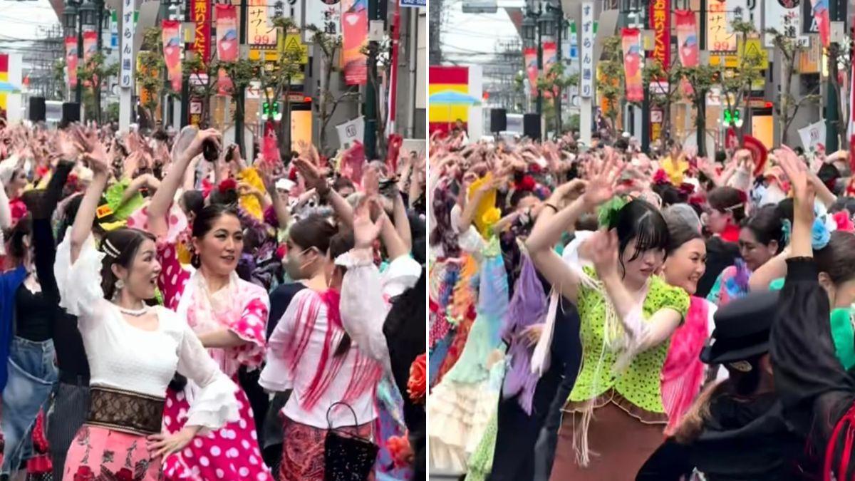 Unas 500 personas bailan sevillanas vestidas de flamenca en Japón: "Realmente asombroso"
