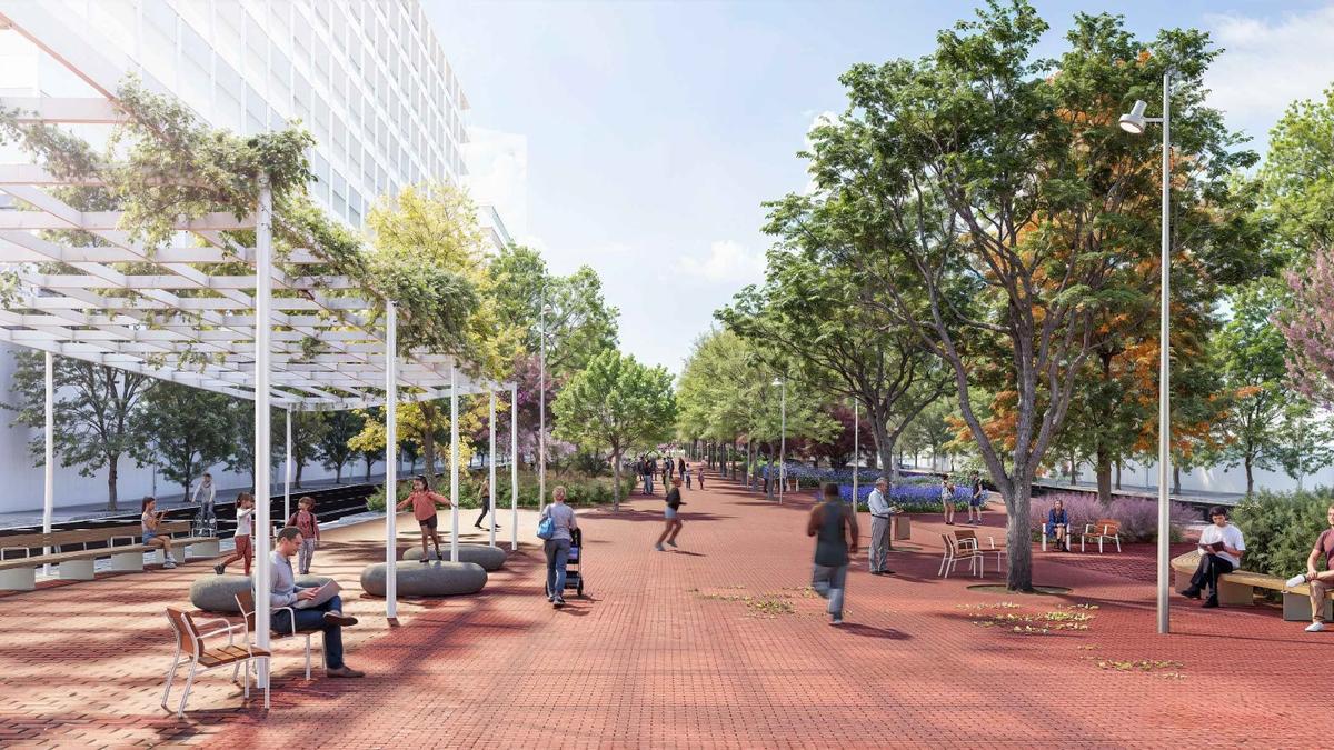 Imagen virtual de la reforma prevista para prolongar la rambla Prim hasta el futuro parque lineal de la Sagrera, en Barcelona.