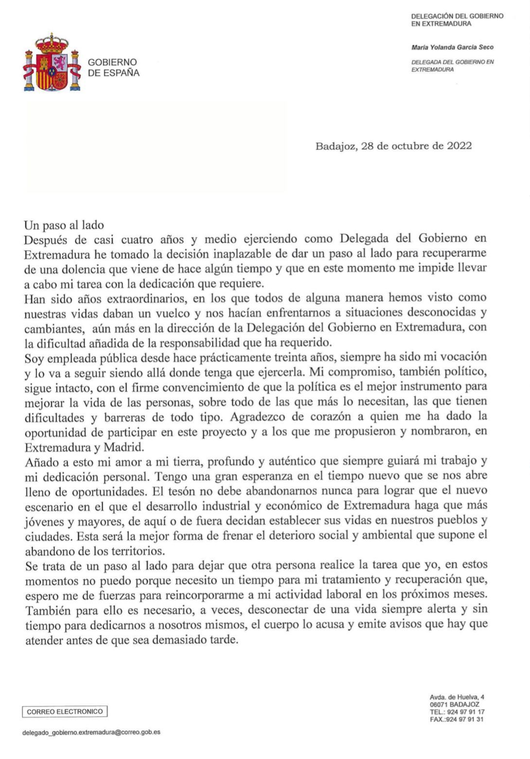 Carta de despedida de Yolanda García Seco.