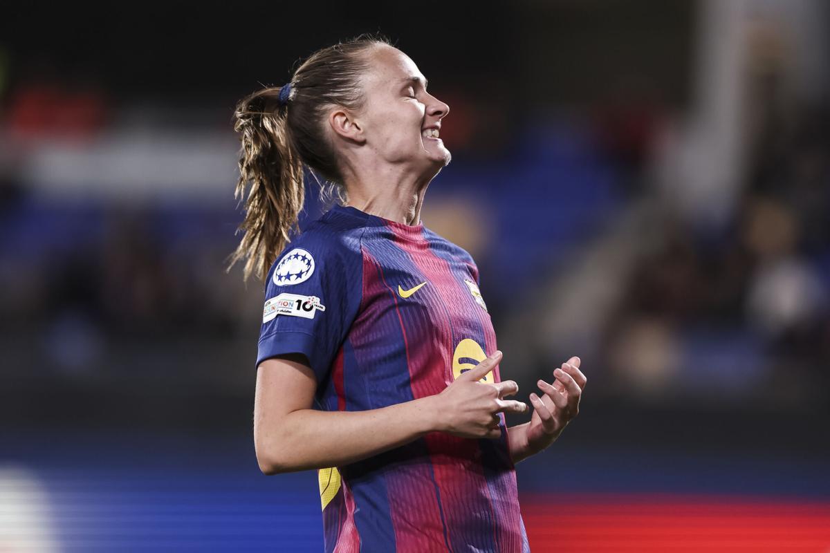 Caroline Graham Hansen of FC Barcelona gestures during the UEFA Women’s Champions League 2025/26 League Phase MD3, football match played between FC Barcelona and OH Leuven at Johan Cruyff Stadium on November 12, 2025 in Sant Joan Despi, Spain. AFP7 12/11/2025 ONLY FOR USE IN SPAIN. Javier Borrego / AFP7 / Europa Press;2025;SPORT;ZSPORT;SOCCER;ZSOCCER;FC Barcelona v OH Leuven - UEFA Women’s Champions League 2025/26 League Phase MD3