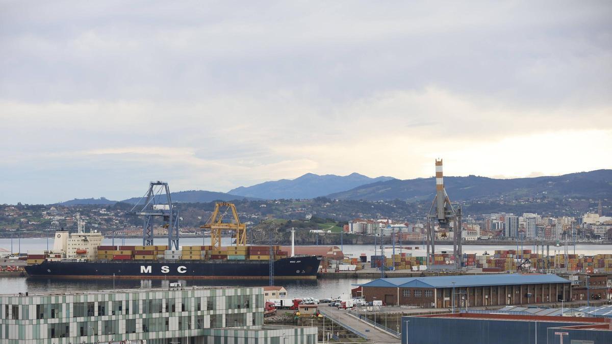 El portacontenedores MSC JOY atracado en El Musel