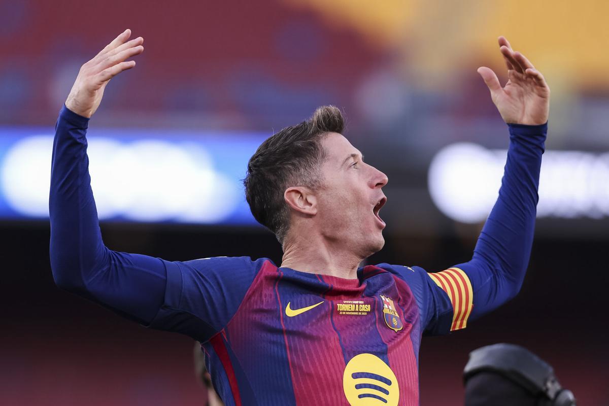 Robert Lewandowski of FC Barcelona celebrates a goal during the Spanish league, La Liga EA Sports, football match played between FC Barcelona and Athletic Club at Spotify Camp Nou stadium on November 22, 2025 in Barcelona, Spain. AFP7 22/11/2025 ONLY FOR USE IN SPAIN. Javier Borrego / AFP7 / Europa Press;2025;SPORT;ZSPORT;SOCCER;ZSOCCER;FC Barcelona v Athletic Club - La Liga EA Sports;