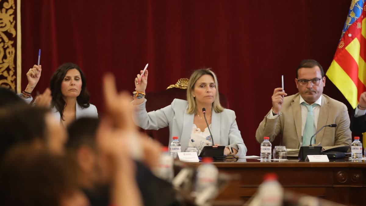 Marta Barrachina, entre Mª Ángeles Pallarés y Andrés Martínez, en el pleno.-