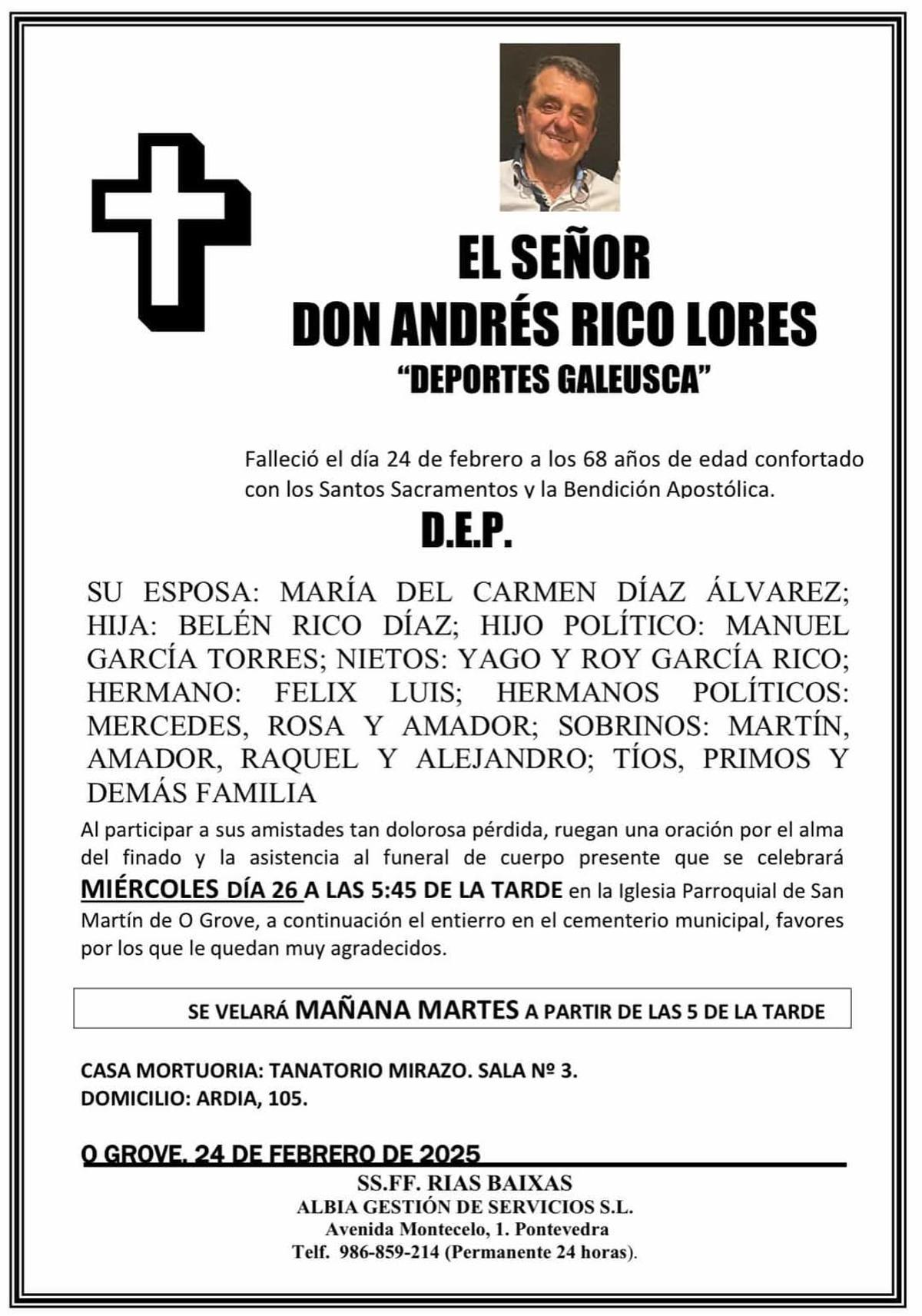Esquela del entierro de Andrés Rico.