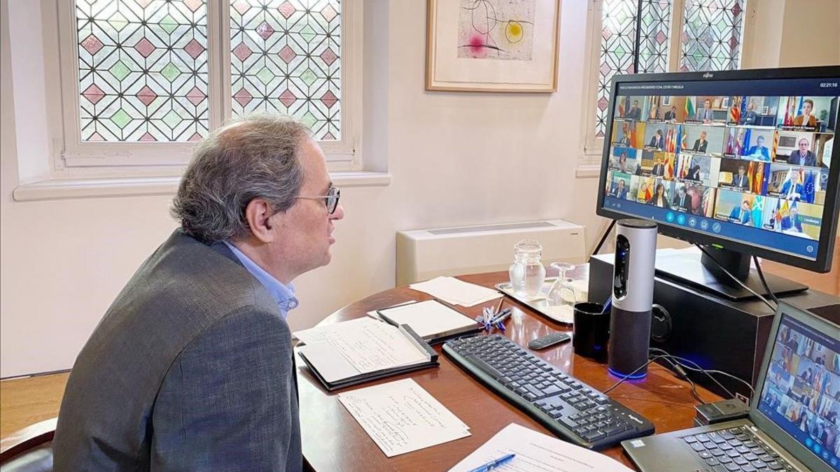 Quim Torra durante su reunión por videoconferencia con Pedro Sánchez y el resto de presidentes autonómicos