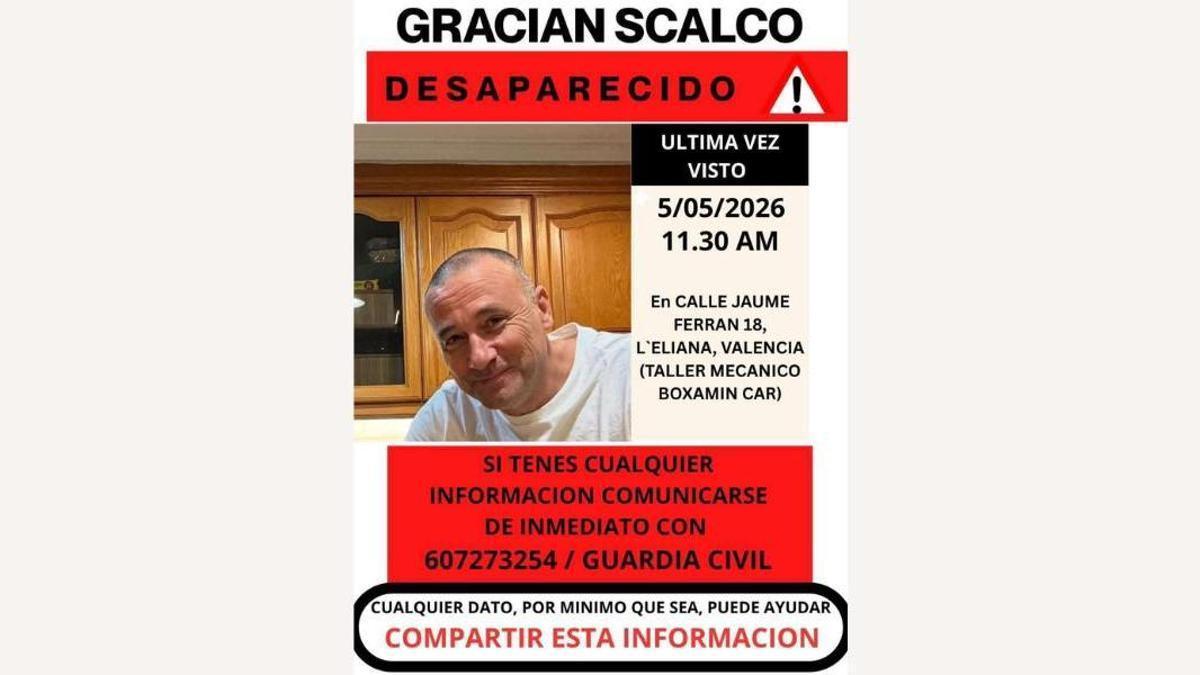 Cartel difundido por la familia de Gracian Scalco para ayudar en su búsqueda.