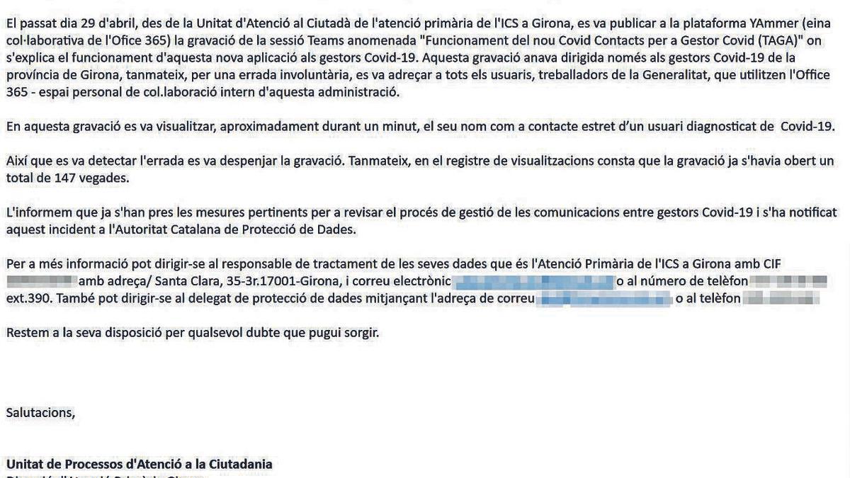 El correu electrònic que l’Institut Català de la Salut ha enviat als afectats per la «violació de seguretat».