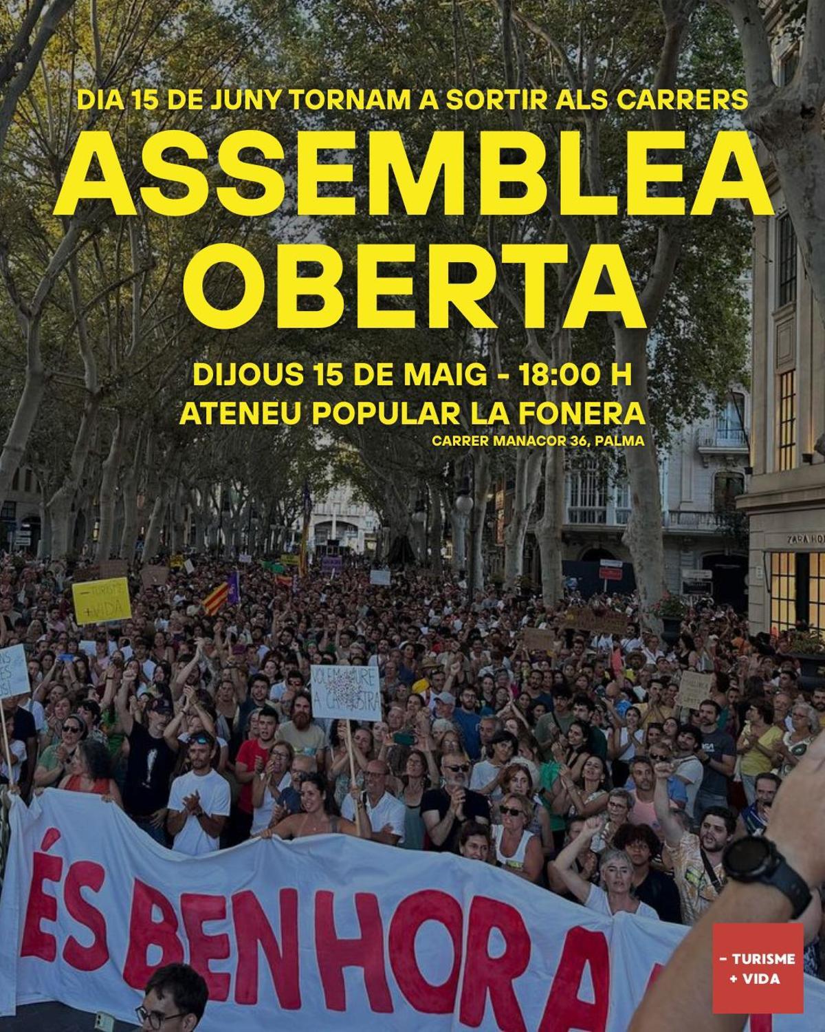 Cartel de la asamblea ed Menys Turisme Més Vida.