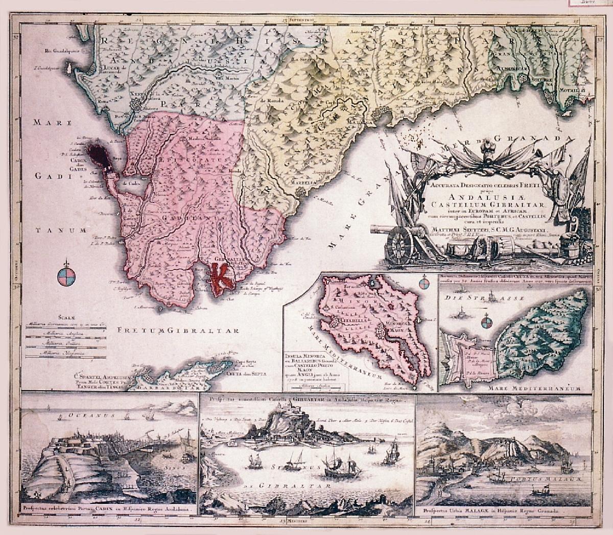 Uno de los mapas históricos, con la imagen de la ciudad de Málaga debajo.
