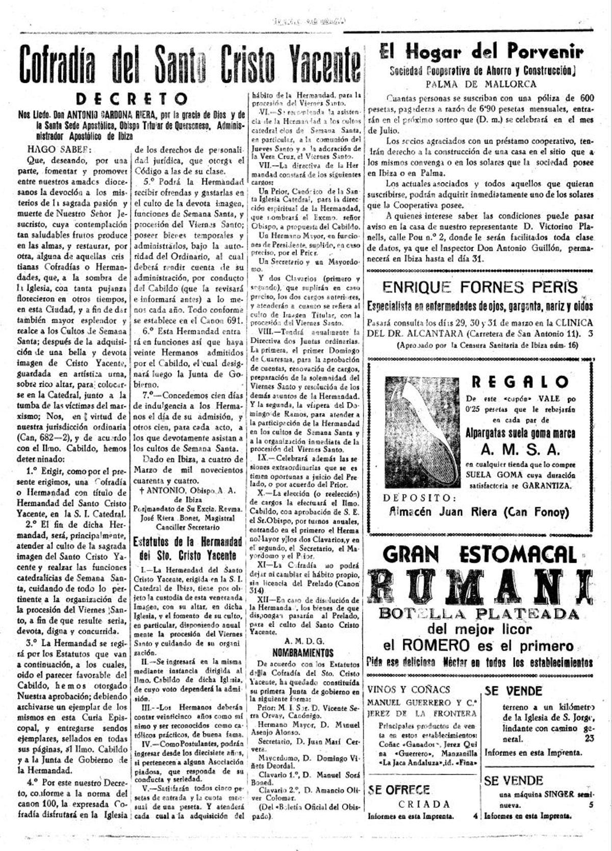 Decreto de constitución de la Cofradía del Santo Cristo Yacente.