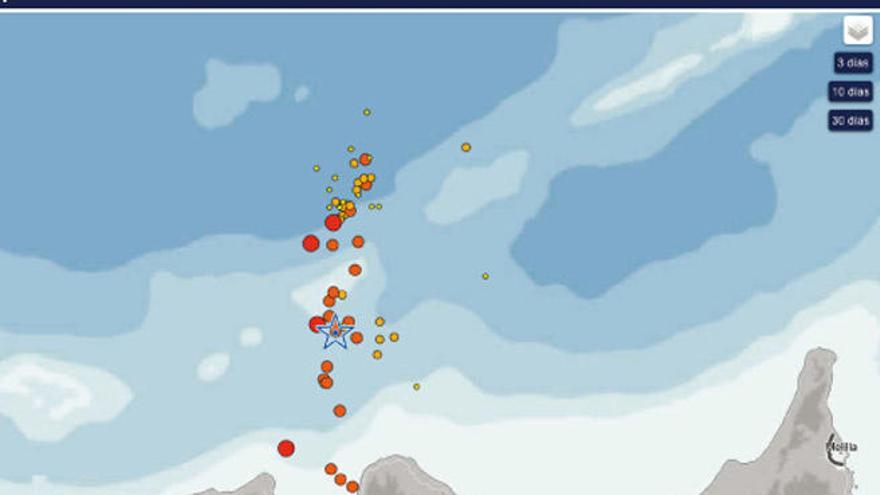 Gráfico con las distintas réplicas producidas en torno al epicentro del terremoto de esta madrugada.