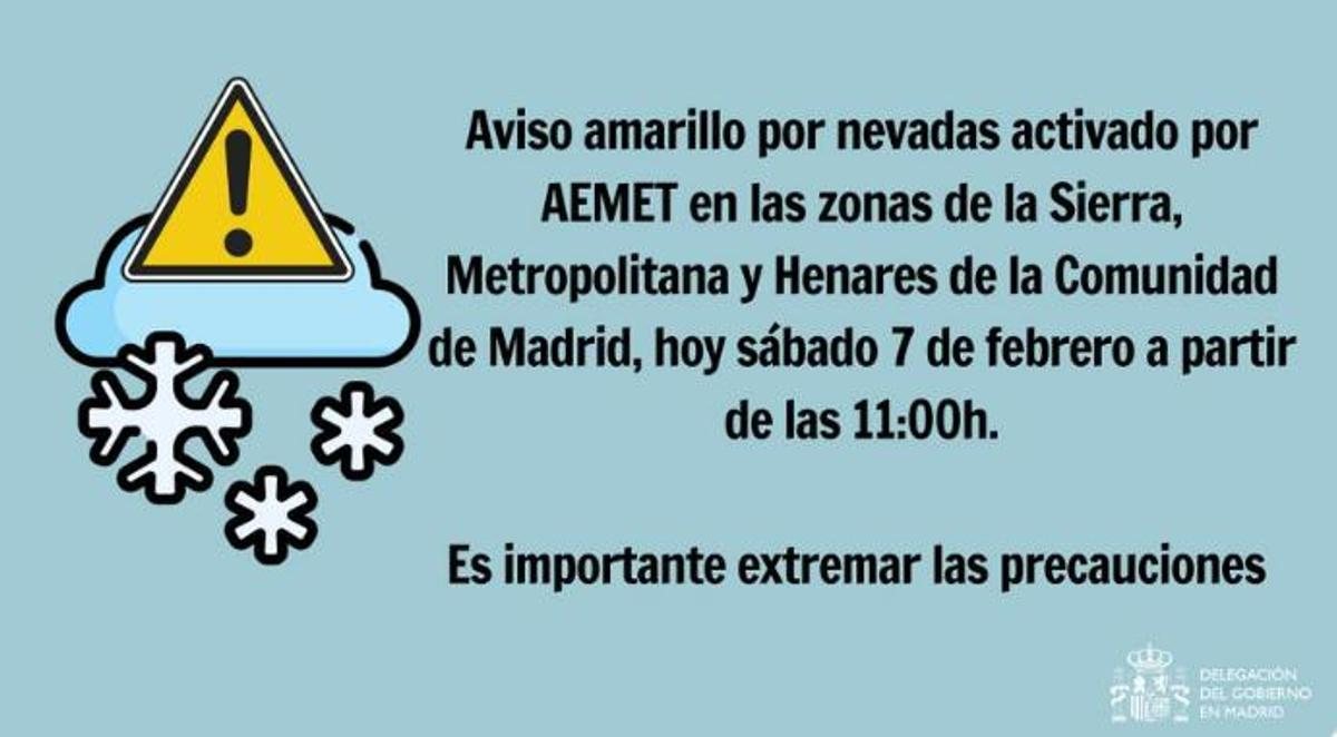 Aviso de la Delegación del Gobierno en Madrid ante la alerta por nevadas.
