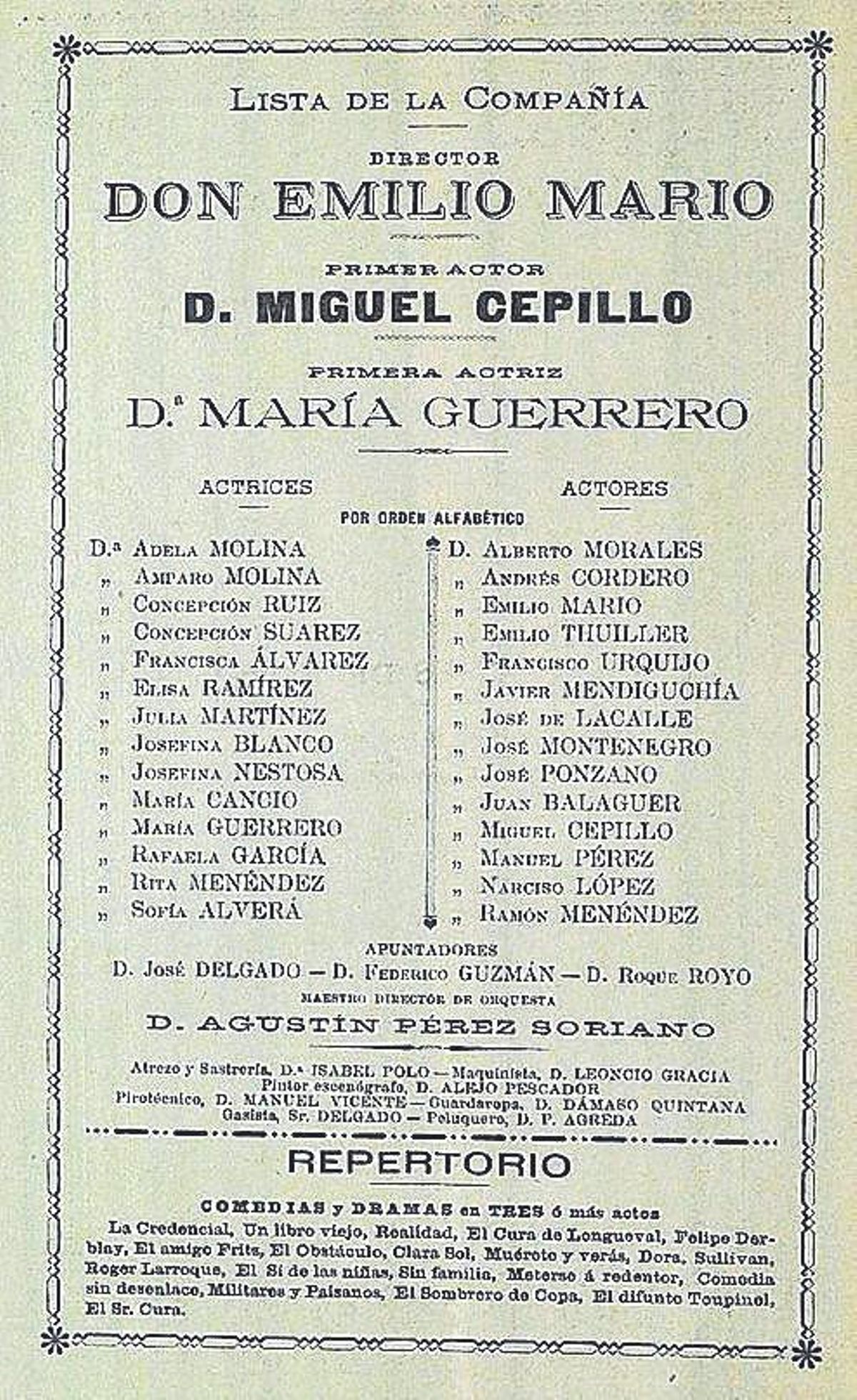 Programa de la Compañía de Emilio Mario con María Guerrero en 1892