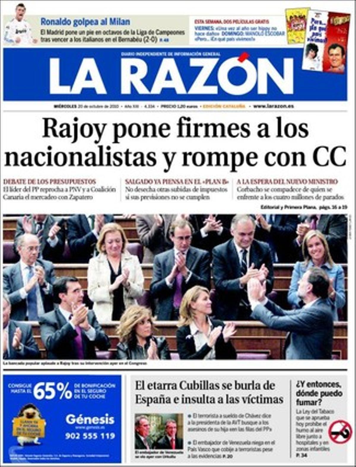 A les pàgines interiors, ’La Razón’ destaca que ETA ha robat 40 cotxes al nord de França des de començament d’any, i que a Gibraltar ara el molesten les boies científiques que hi ha en aigües espanyoles que Londres considera seves.