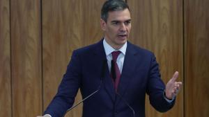 El presidente del Gobierno, Pedro Sánchez, durante su comparecencia este miércoles en Brasil, donde se encuentra de viaje institucional.