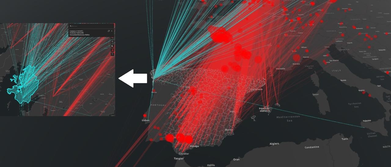 Mapa del sistema DiFLUsion que muestra, en rojo, las zonas activadas por riesgo. En el recuadro aparece la comarca de O Salnés. |  // MAPA