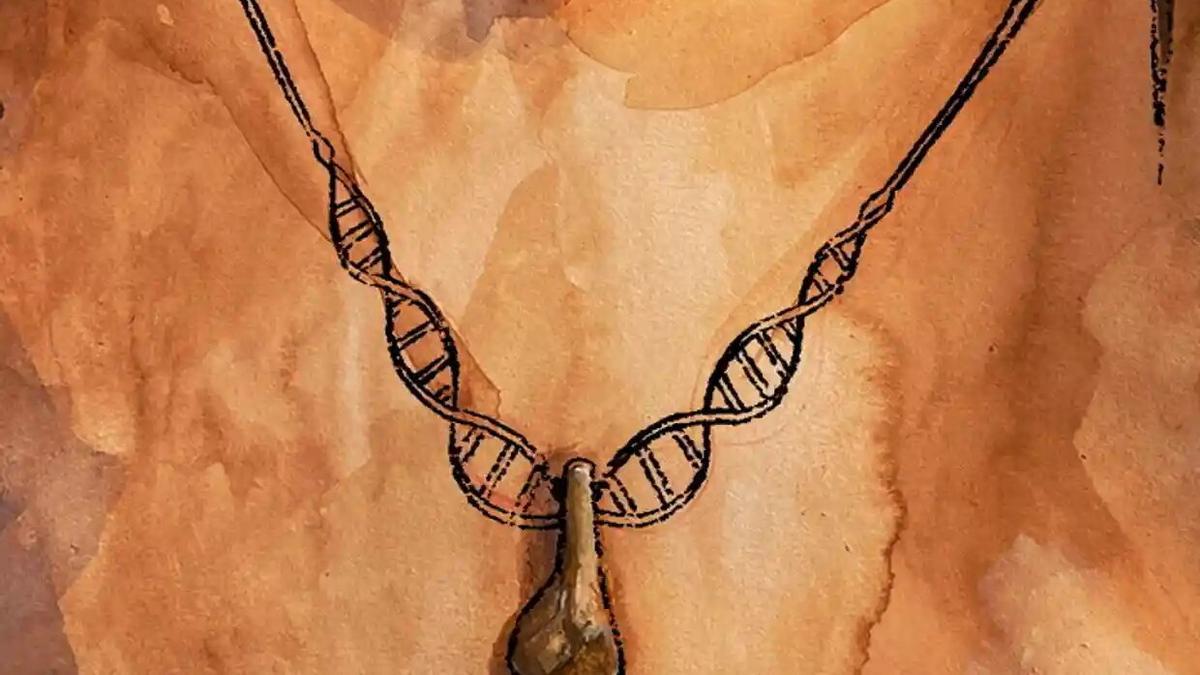 Creación artística del colgante paleolítico lucido por una mujer prehistórica hace 20.000 años.