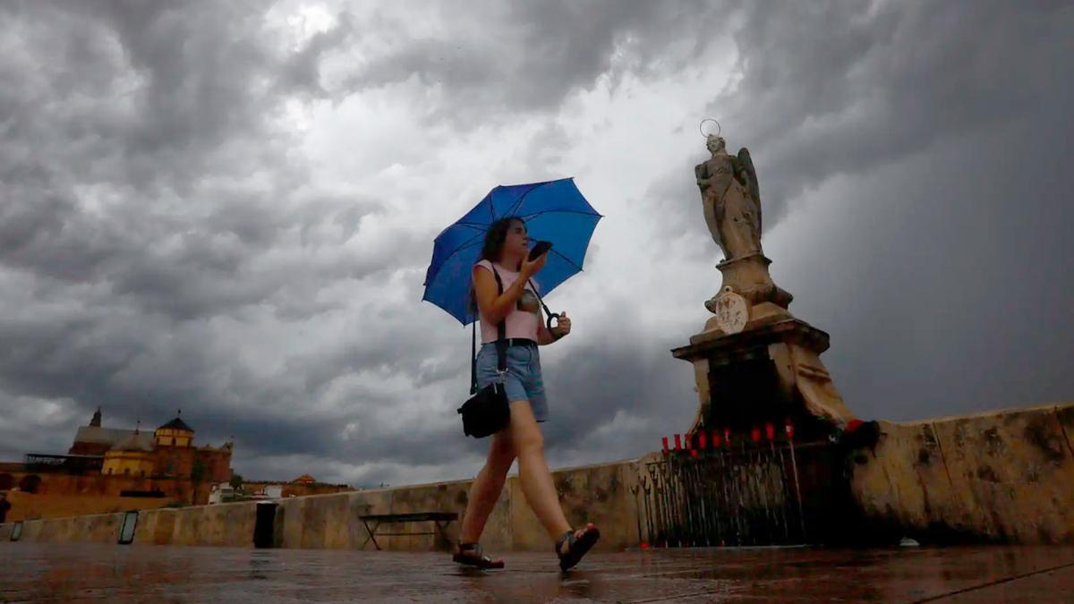 Una mujer se protege de la lluvias en el puente romano de Córdoba.