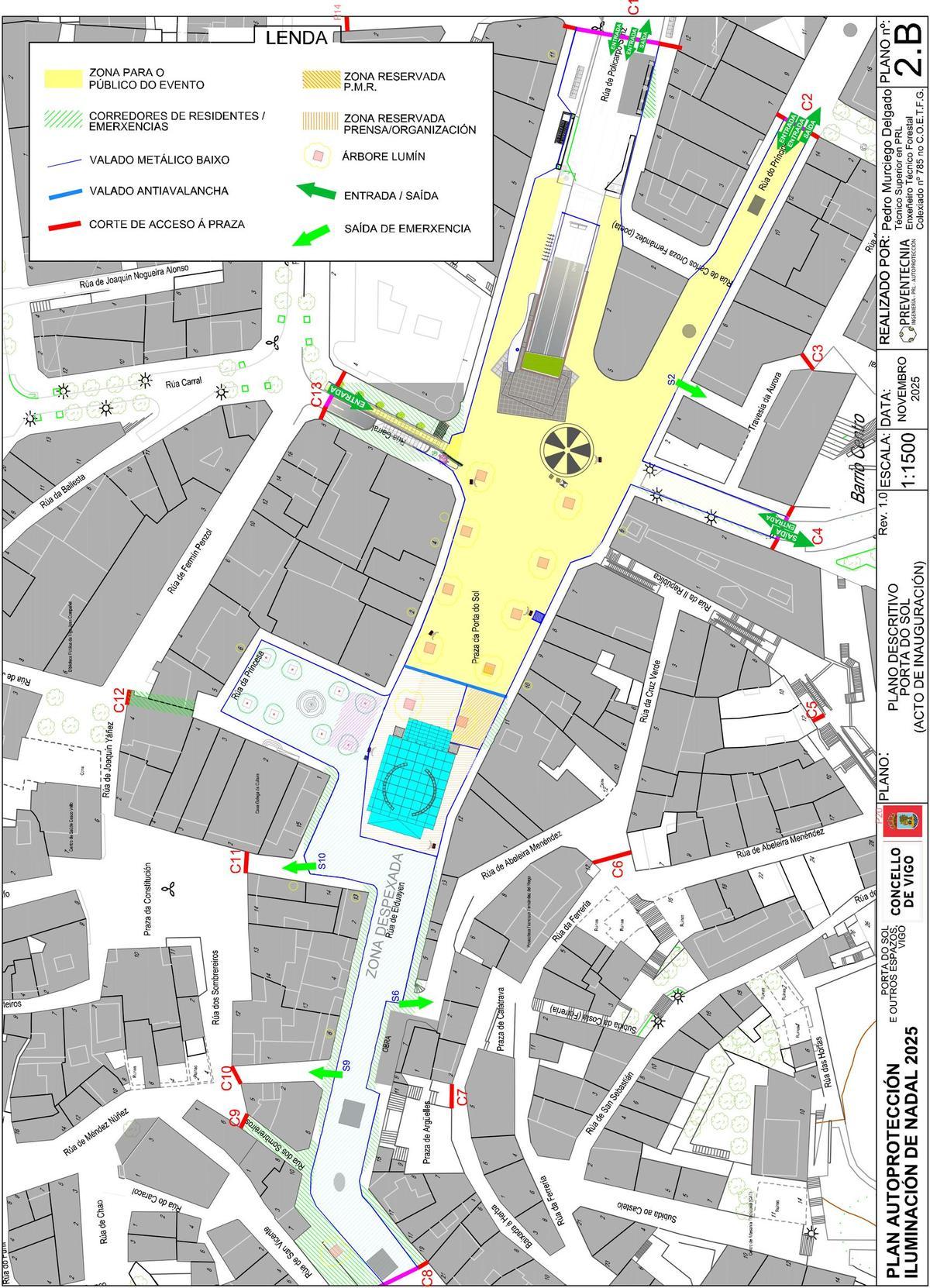 Plano de accesos y salidas a Porta do Sol durante el encendido de las luces de Navidad de Vigo 2025.