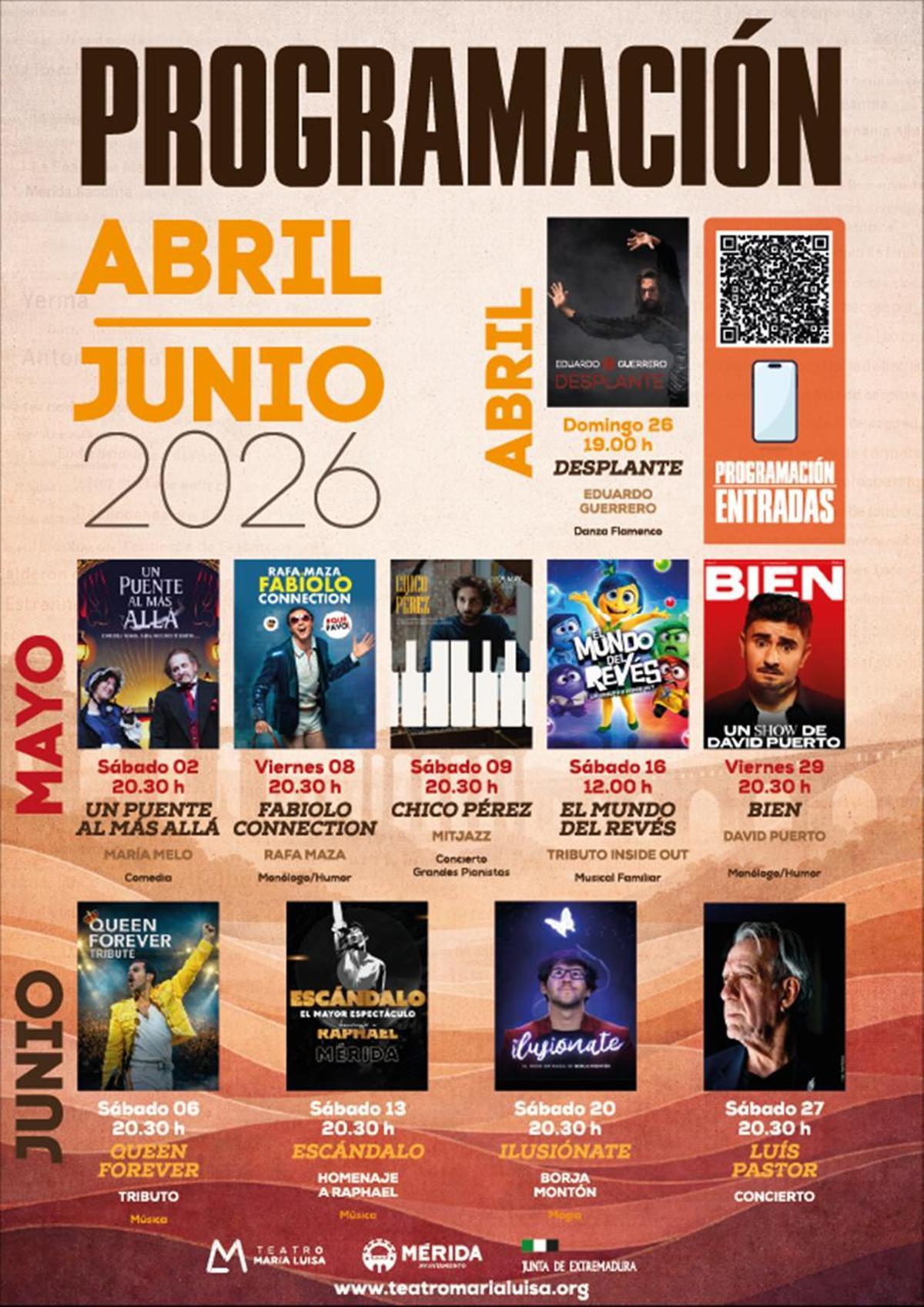 Imagen promocional de la programación del Teatro María Luisa de Mérida para los meses de abril, mayo y junio de 2026, con música, humor, magia, flamenco y cine.
