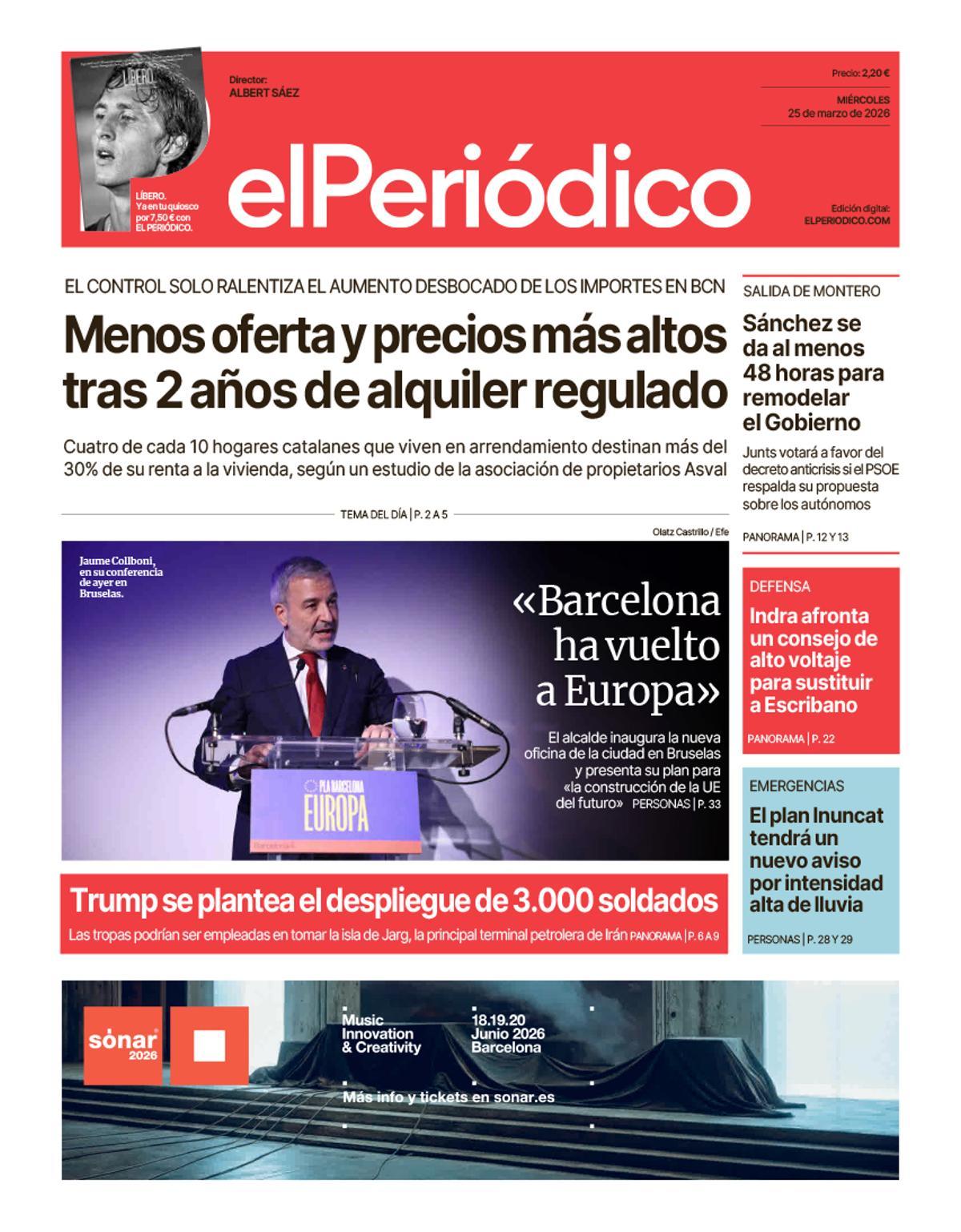 La portada de EL PERIÓDICO del 25 de marzo de 2026