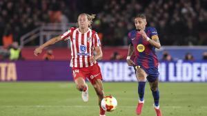 Marcos Llorente of Atletico de Madrid and Raphinha of FC Barcelona compete for the ball during the Spanish Cup, Copa del Rey, football match Semifinal Second Leg played between FC Barcelona and Atletico de Madrid at Spotify Camp Nou stadium on March 03, 2026 in Barcelona, Spain. AFP7 03/03/2026 ONLY FOR USE IN SPAIN
