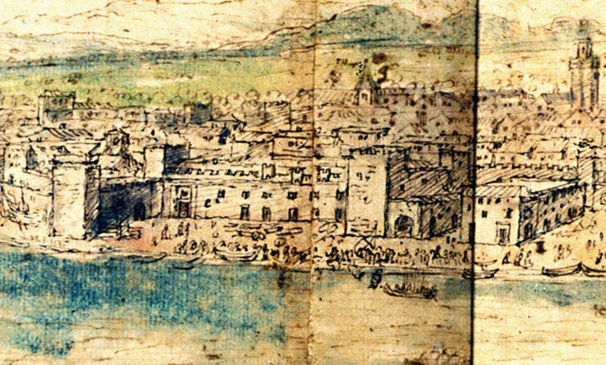 Mapa de Málaga en 1564. Frente a la playa, las Atarazanas malagueñas.