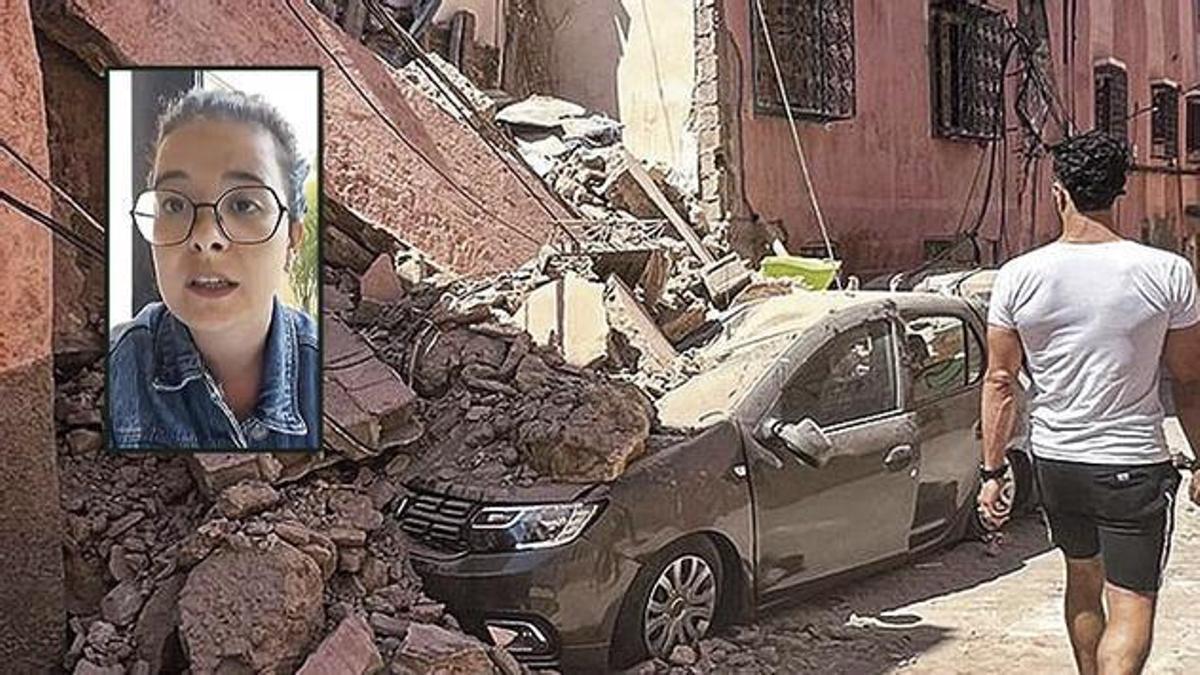 Destrozos causados por el terremoto en Marrakech. En el recuadro, Irene Seixas Cidón. | Efe / RTVE