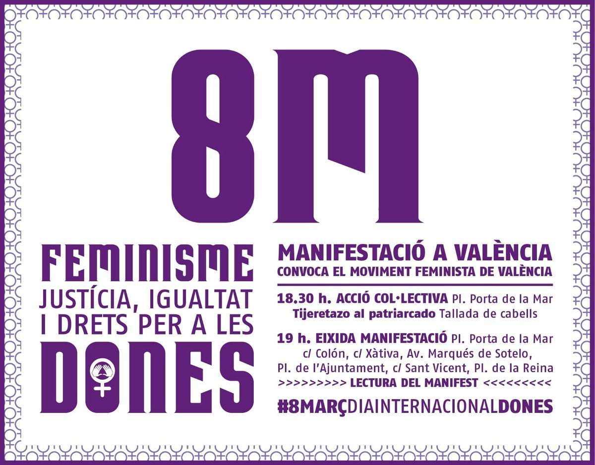 Recorrido de la manifestación 8M organizado por la Coordinadora Feminista de València.