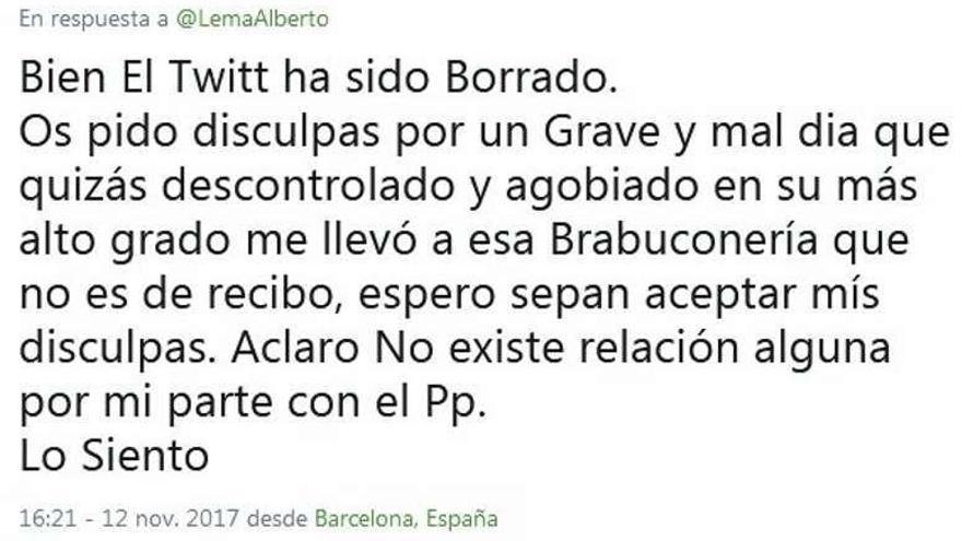 Capturas de los tuits de disculpa del usuario denunciado por el alcalde.